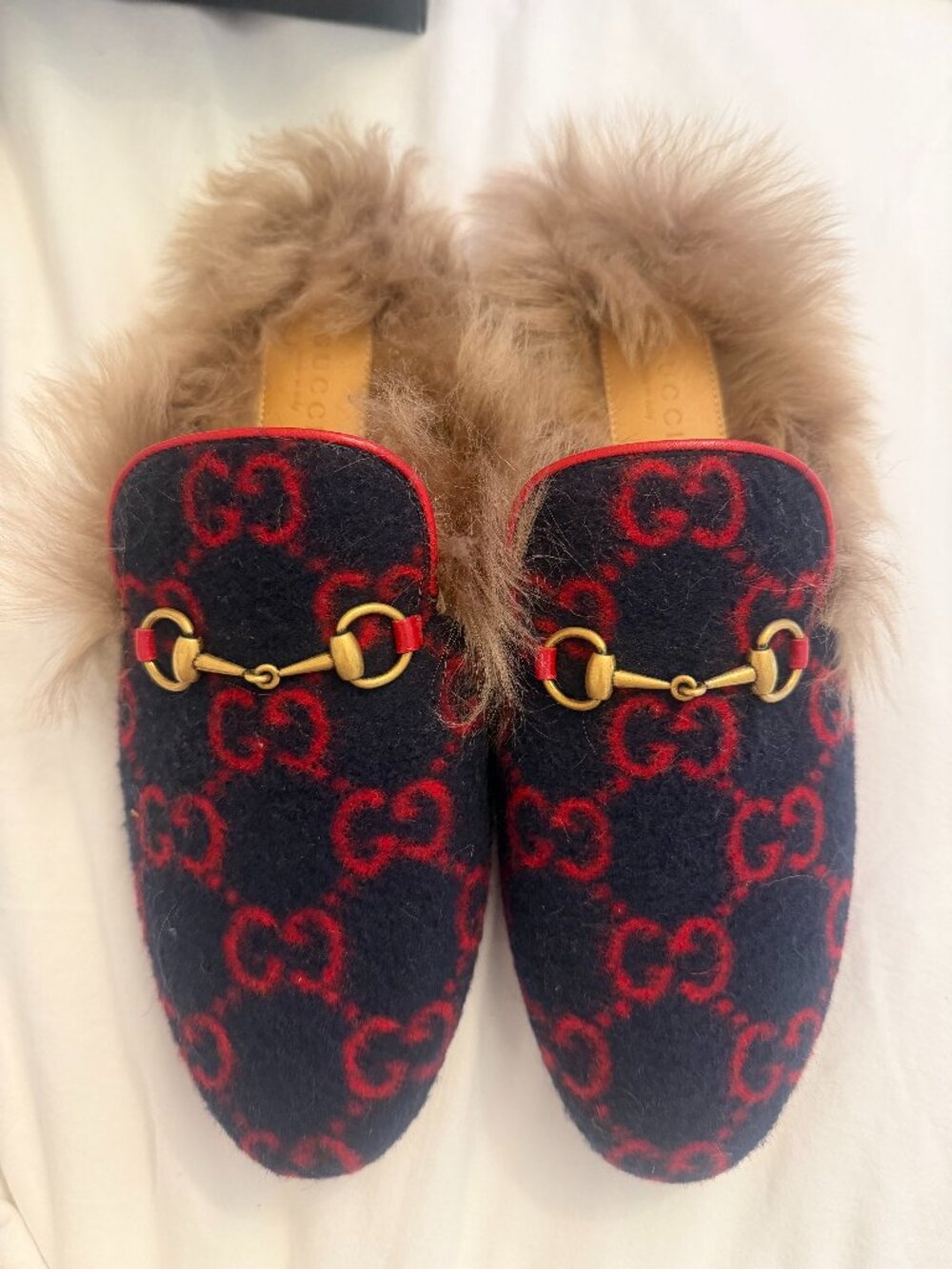 Gucci Princetown Slippers Mules Navy GG Wool Shearling Horsebit | Size 38
